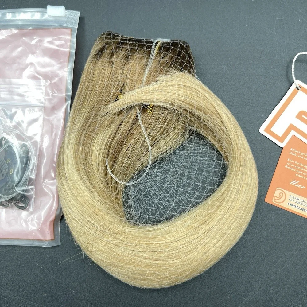 Full Shine 100% Human Hair Extension Weft‎ Ombre Blonde Dark Root 70G 12